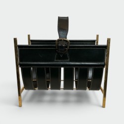 Magazine Rack in Black Saddle-Stitched Leather and Brass with a Buckled Handle, in the Style of Jacques Adnet, 1950s