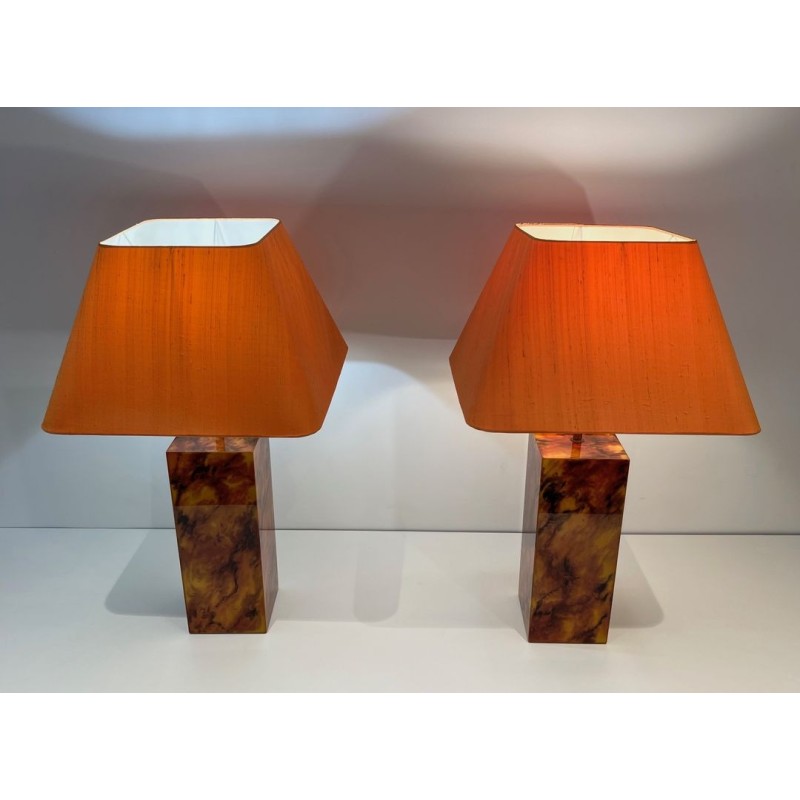 Pair of Lucite Lamps Imitating Tortoiseshell, French Work, circa 1970
