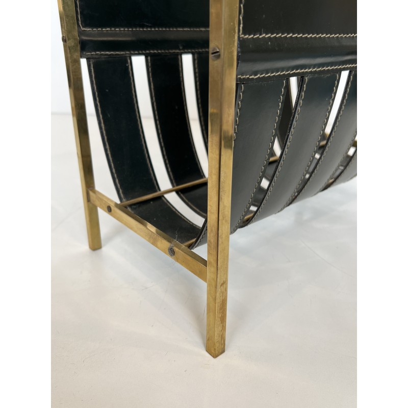 Magazine Rack in Black Saddle-Stitched Leather and Brass with a Buckled Handle, in the Style of Jacques Adnet, 1950s