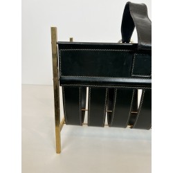 Magazine Rack in Black Saddle-Stitched Leather and Brass with a Buckled Handle, in the Style of Jacques Adnet, 1950s