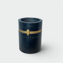 Cylindrical Pencil Holder in Black Leather with Rotating Perpetual Calendar and Brass, in the Style of Jacques Adnet, 1950s
