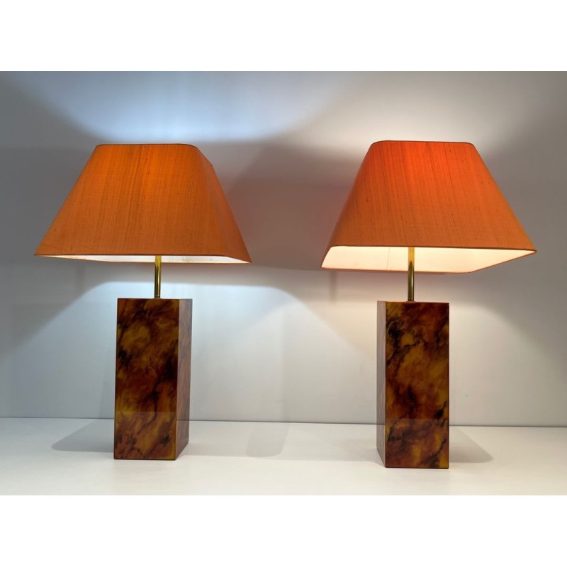 Pair of Lucite Lamps Imitating Tortoiseshell, French Work, circa 1970