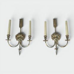 Pair of Two-Light Bronze Sconces with Arrow and Bacchante Mask Decoration, Neoclassical Style, Lucien Gau, Circa 1900