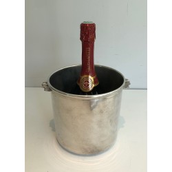 Cylindrical Silvered Metal Champagne Bucket with Small Foliate Handles, Circa 1950