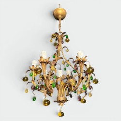 Cage Chandelier in Gilt Metal with Foliage and Multicoloured Glass Fruit Decoration, Italian Work, Circa 1950