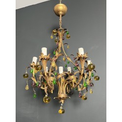 Cage Chandelier in Gilt Metal with Foliage and Multicoloured Glass Fruit Decoration, Italian Work, Circa 1950