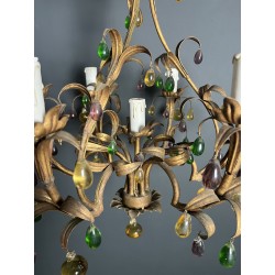 Cage Chandelier in Gilt Metal with Foliage and Multicoloured Glass Fruit Decoration, Italian Work, Circa 1950