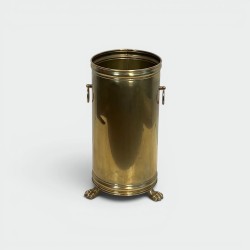 Cylindrical Brass Umbrella Stand with Ring Handles and Claw Feet, Neoclassical Style, Circa 1900