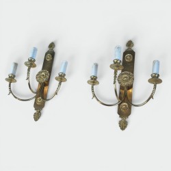 Pair of Neoclassical-Style Three-Light Brass Sconces with Rosette and Palmette Decoration, Circa 1950