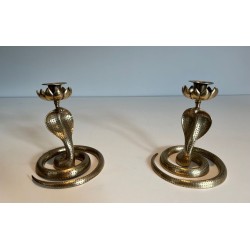 Pair of Chiselled Bronze Cobra Candlesticks, Art Déco, French Work, circa 1940