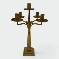 Five-Light Brass Candelabrum, Jugendstil Style, with Openwork Geometric Decoration, in the Style of WMF
