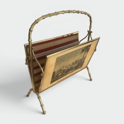Faux Bamboo Gilt Brass Magazine Rack with Panels Depicting Views of Italy, Maison Baguès, Circa 1950