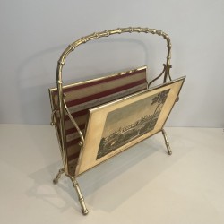 Faux Bamboo Gilt Brass Magazine Rack with Panels Depicting Views of Italy, Maison Baguès, Circa 1950