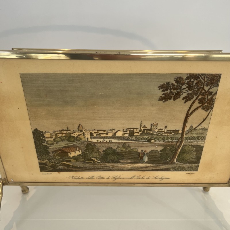 Faux Bamboo Gilt Brass Magazine Rack with Panels Depicting Views of Italy, Maison Baguès, Circa 1950