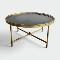Round Neoclassical Brass Coffee Table with Openwork Gallery and Black Lacquered Glass Top, Maison Baguès, Circa 1940
