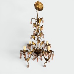 Gilt Metal Chandelier with Foliage Decoration and Pink Cry | Modern Eye Gallery