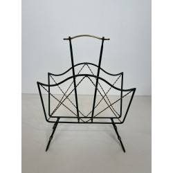 Magazine Rack in Green Lacquered Metal and Twisted Gilt Wi | Modern Eye Gallery