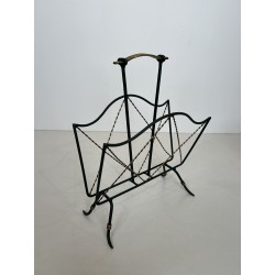 Magazine Rack in Green Lacquered Metal and Twisted Gilt Wi | Modern Eye Gallery