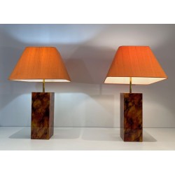 Pair of Lucite Lamps Imitating Tortoiseshell, French Work, circa 1970