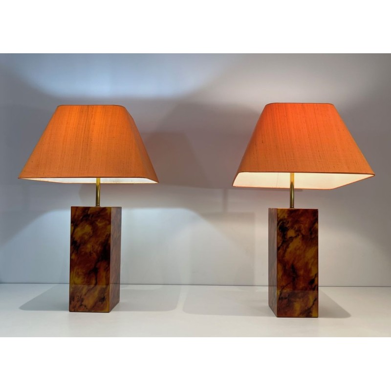 Pair of Lucite Lamps Imitating Tortoiseshell, French Work, circa 1970