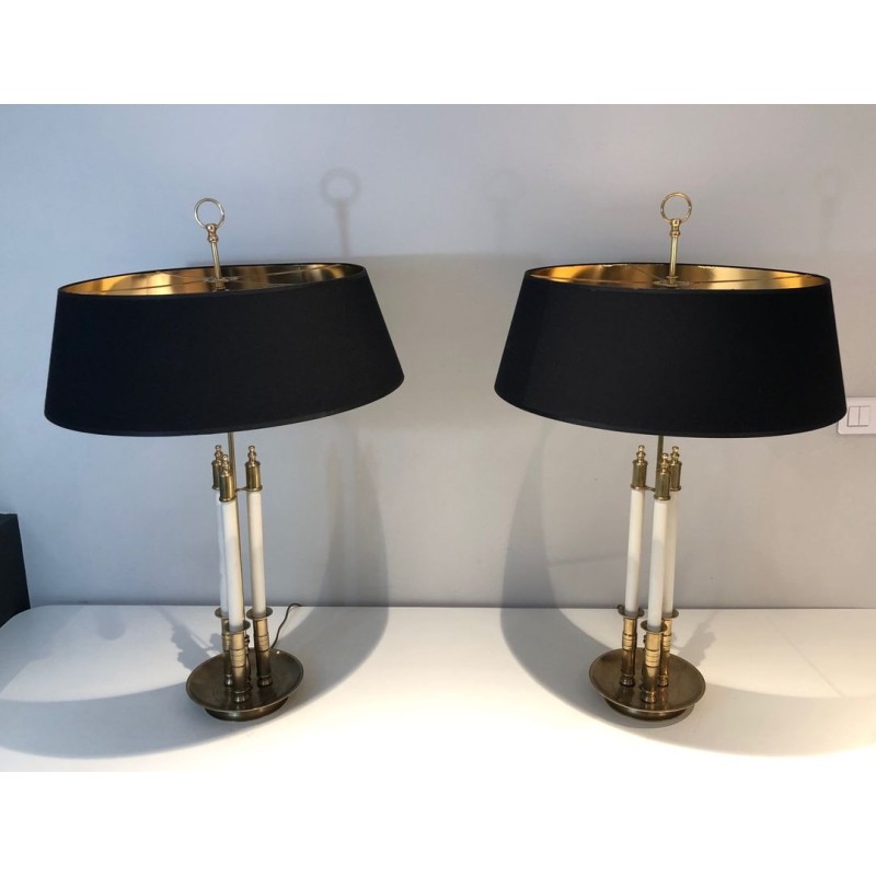 Pair of Neoclassical Brass and White Lacquered Table Lamps, French Work, circa 1940