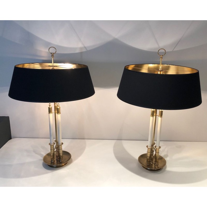 Pair of Neoclassical Brass and White Lacquered Table Lamps, French Work, circa 1940