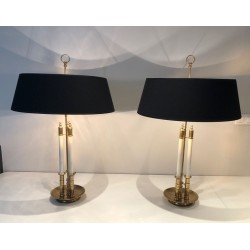 Pair of Neoclassical Brass and White Lacquered Table Lamps, French Work, circa 1940