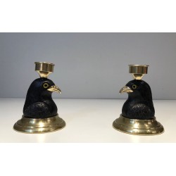 Pair of Carved Wood Eagle Candlesticks, Brass and Glass Details, Stamped Houy Pouiga, circa 1970
