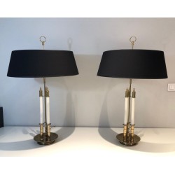 Pair of Neoclassical Brass and White Lacquered Table Lamps, French Work, circa 1940