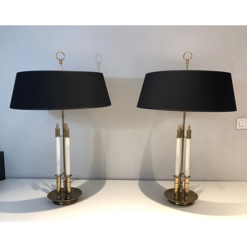 Pair of Neoclassical Brass and White Lacquered Table Lamps, French Work, circa 1940