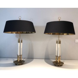 Pair of Neoclassical Brass and White Lacquered Table Lamps, French Work, circa 1940