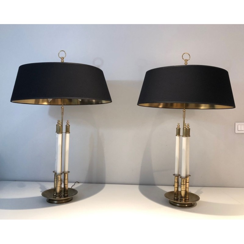 Pair of Neoclassical Brass and White Lacquered Table Lamps, French Work, circa 1940