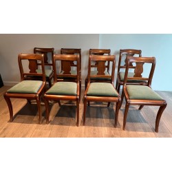 Set of Eight Walnut Chairs with a Bandeau Back and Sabre L | Modern Eye Gallery