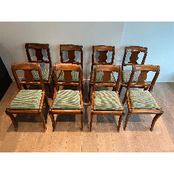 Set of Eight Walnut Chairs with a Bandeau Back and Sabre L | Modern Eye Gallery