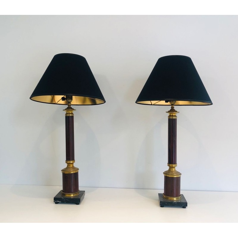 Pair of Neoclassical Faux-Bois Metal and Brass Table Lamps, French Work, circa 1940