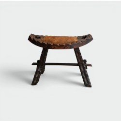 Brutalist Stool in Carved Wood with Hide Seat, Spanish Wor | Modern Eye Gallery