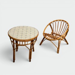 Set of a Child's Table and Chair in Rattan, Ceramic Tile T | Modern Eye Gallery