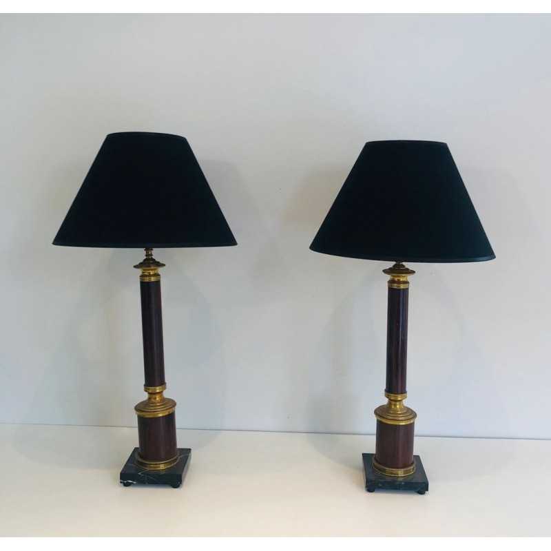 Pair of Neoclassical Faux-Bois Metal and Brass Table Lamps, French Work, circa 1940