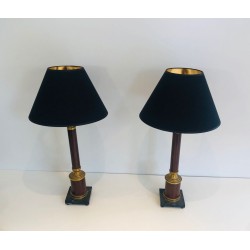 Pair of Neoclassical Faux-Bois Metal and Brass Table Lamps, French Work, circa 1940