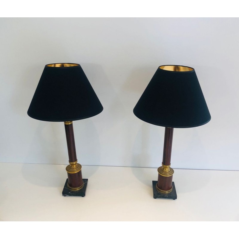 Pair of Neoclassical Faux-Bois Metal and Brass Table Lamps, French Work, circa 1940