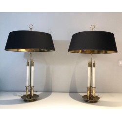 Pair of Neoclassical Brass and White Lacquered Table Lamps, French Work, circa 1940