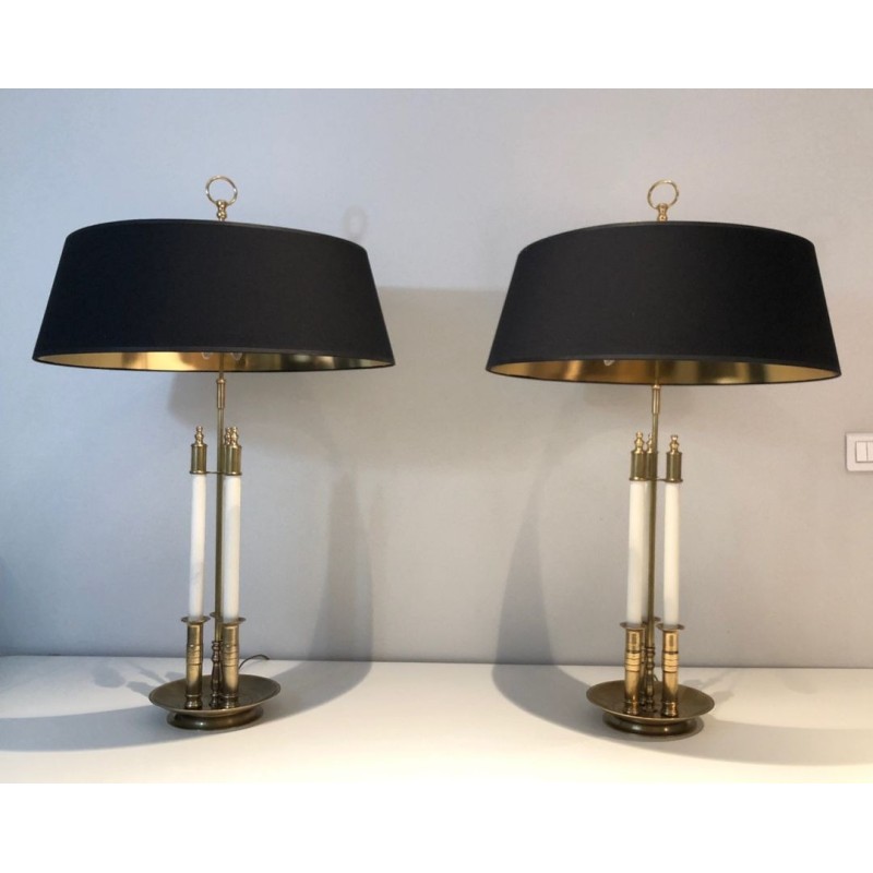 Pair of Neoclassical Brass and White Lacquered Table Lamps, French Work, circa 1940