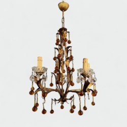 Gilt Metal Chandelier with Foliage Decoration and Amber Gl | Modern Eye Gallery