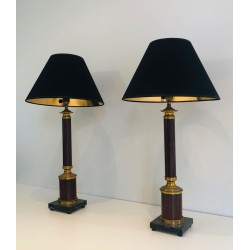 Pair of Neoclassical Faux-Bois Metal and Brass Table Lamps, French Work, circa 1940
