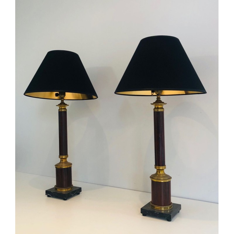 Pair of Neoclassical Faux-Bois Metal and Brass Table Lamps, French Work, circa 1940