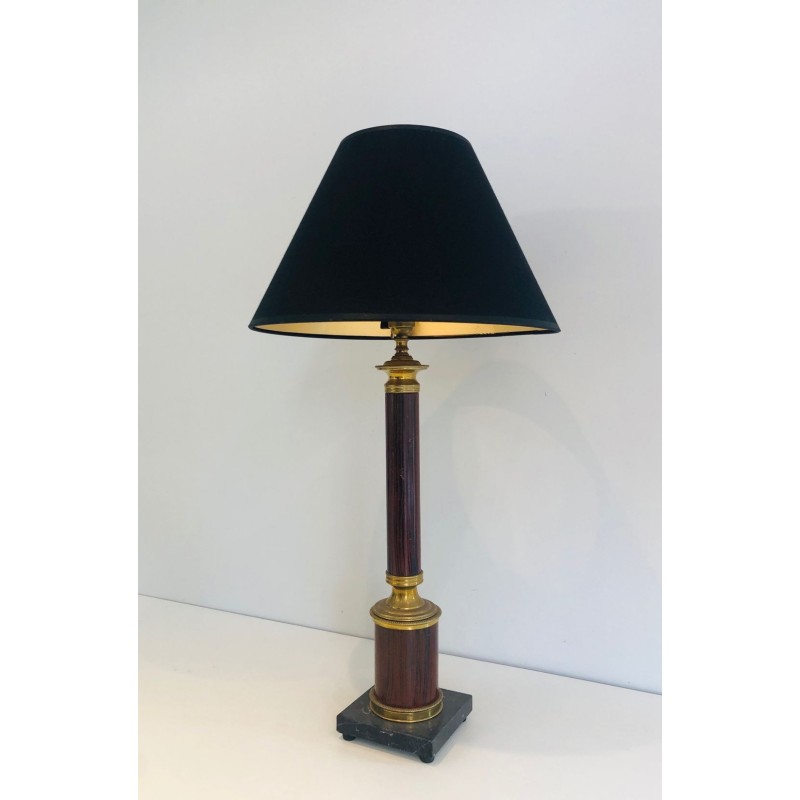 Pair of Neoclassical Faux-Bois Metal and Brass Table Lamps, French Work, circa 1940