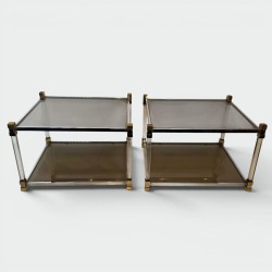 Pair of Side Tables in Lucite and Brass with Two Smoked Gl | Modern Eye Gallery