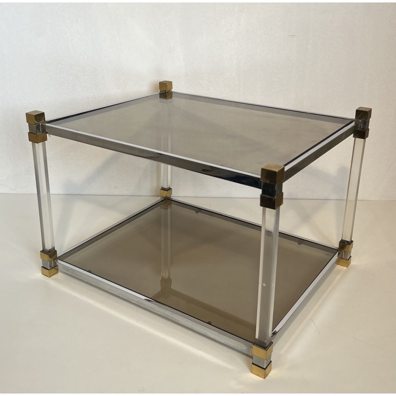 Pair of Side Tables in Lucite and Brass with Two Smoked Gl | Modern Eye Gallery