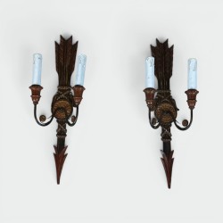 Pair of Two-Light Sconces in Polychrome Carved Wood with A | Modern Eye Gallery