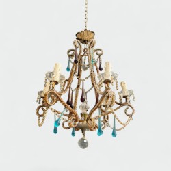 Cage Chandelier in Gilt Metal and Glass Beads with Blue an | Modern Eye Gallery